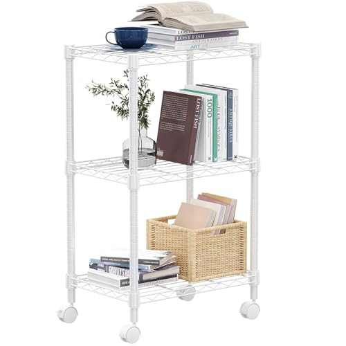 3 Tier Shelf Metal Storage Shelves Wire Rack Closet Organizers with Wheel for Garage Kitchen Bathroom Laundry White 11.8" D x 17.7" W x 29.8" H (3 Count)
