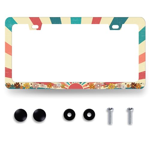 Retro Sun License Plate Frame Boho Floral License Plate Holder with 2 Holes