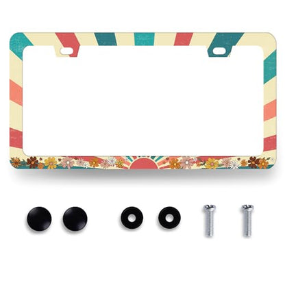 Retro Sun License Plate Frame Boho Floral License Plate Holder with 2 Holes