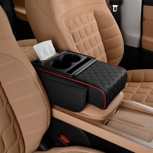 Car Center Console Cover Booster Multifunctional Car Center Console Cushion Pad with Cup Holder & Tissue Box & Side Pockets Arm Rest Cover for Car