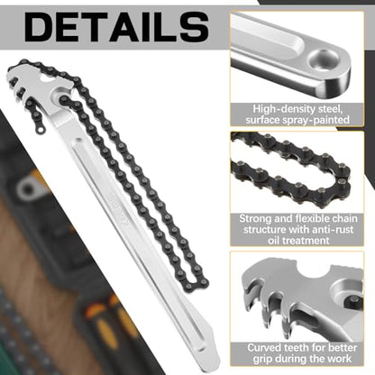 3 Pcs Large Reversible Chain Oil Filter Wrench with 12 16 9 Inch Chain Wrench Adjustable Heavy Duty Carbon Steel Sturdy Pipe Fitting Tool Spanner for Ratcheting Universal (3 Count)
