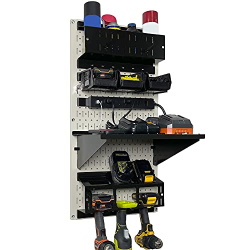 Power Tool Storage Organizer Kit Cordless Drill Holder Charging Station Rack 16” x 32” Metal Pegboard Organization System