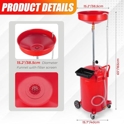20 Gallon Waste Oil Drain Tank Portable Air Operated Oil Drainer with Adjustable Funnel Height 38