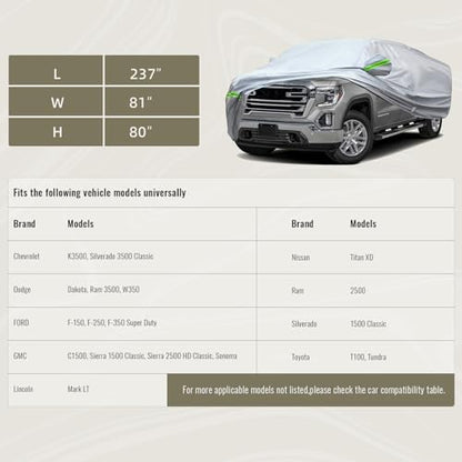6 Layers Heavy Outdoor Pickup Full Car Cover Hard Shell Zipper Design Waterproof All Weather Weatherproof UV Sun Protection Snow Dust Storm Resistant with Straps