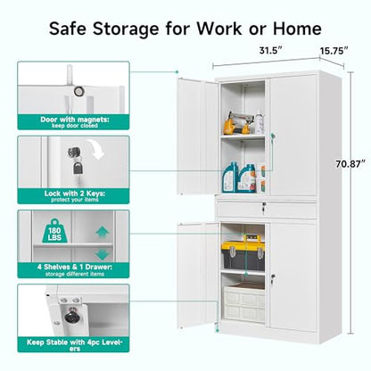 White Metal Storage Cabinet with Drawer and Locks