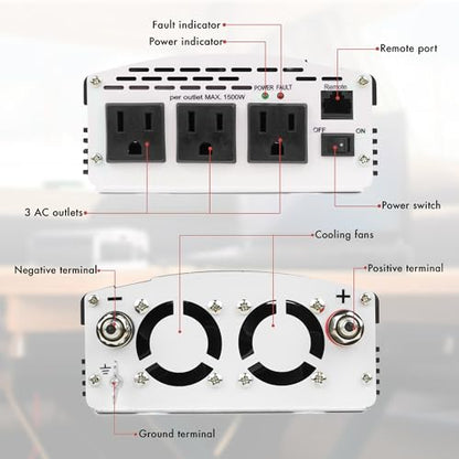 EL3724 2000W Slim Line AC to DC Power Inverter 2000W TrueRated Continuous 4500W Surge Power DC 12V to AC 110V Power Inverter with 3 AC Outlets and 2A USB Charging Port