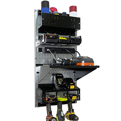 Power Tool Storage Organizer Kit Cordless Drill Holder Charging Station Rack 16” x 32” Metal Pegboard Organization System