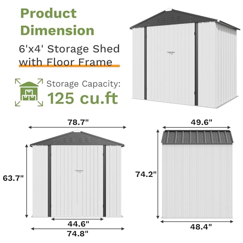 6x4 FT Outdoor Storage Shed with Floor Frame