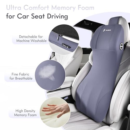 Integrated Car Seat Lumbar Support Pillow & Car Neck Pillow Memory Foam Back Cushion for Driving Car Seat Back Support Pillow for Car Seats Driver Back Neck Sciatica Pain Relief Cushion
