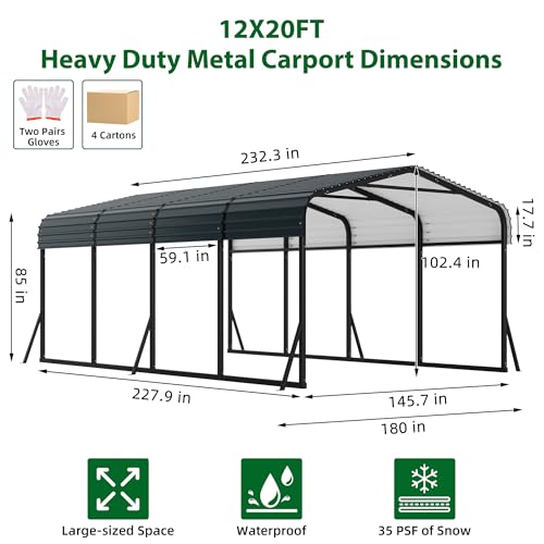 12' x 20' x 8.5' Heavy Duty Metal Carport with Galvanized Steel Roof