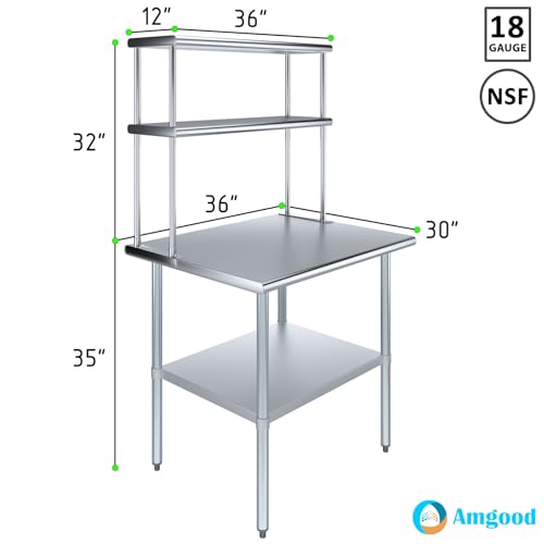 Stainless Steel Work Table Double Tier Overshelf 30" x 36" Work Table + 12" Overshelf