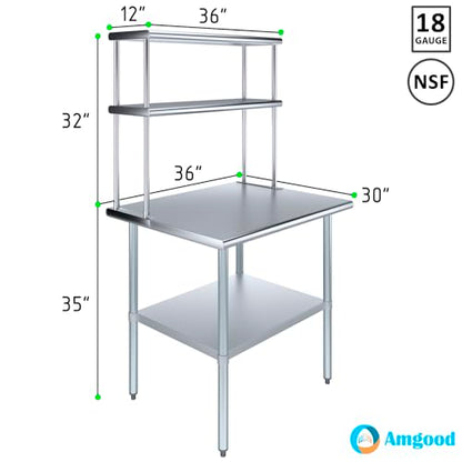 Stainless Steel Work Table Double Tier Overshelf 30" x 36" Work Table + 12" Overshelf