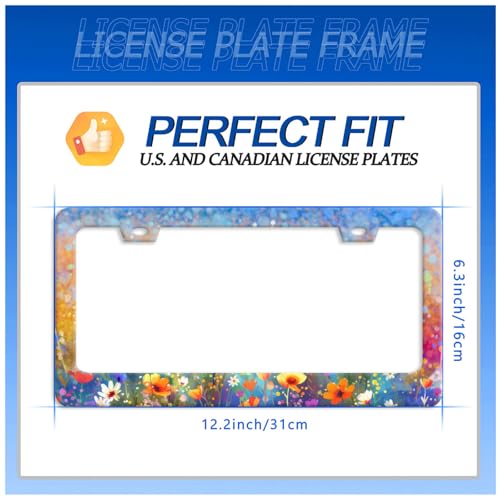 Watercolor Flower License Plate Frame Stainless Steel Car Accessory6.3x12.3