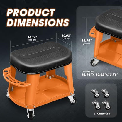 Removable Rolling Garage Stool with Seat Cushion & Tool Tray Plate