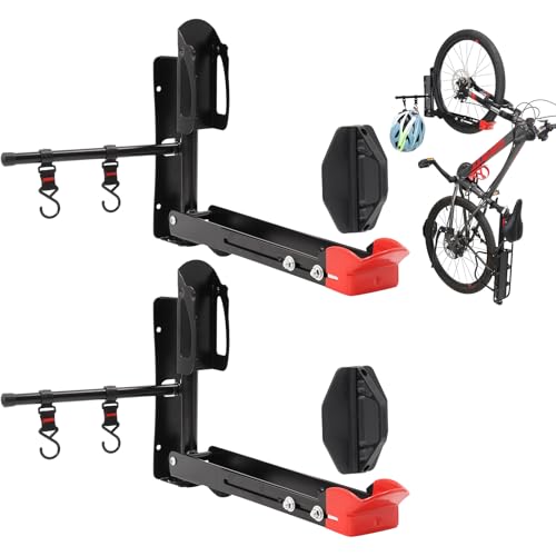 Bike Wall Mount Rack Adjustable & Foldable Garage Bike Rack with Swivel Design & 2 Storage Hooks (2 Count)