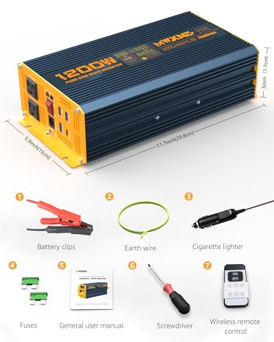 1200 Watt Pure Sine Wave Power Inverter DC 12V to 110V AC Converter with Dual AC Outlets