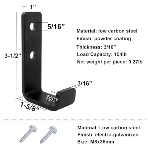 4 Pack 1-5/8" Heavy Duty Steel J Hook, Wall Mount Garage Hanging Bracket (4 Count)
