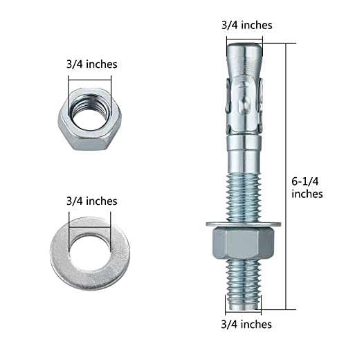 3/4x6-1/4" 10Pcs Inch Standard Fasteners for Heavy-Duty Zinc Wedge Anchors for Cement and Concrete (10 Count)