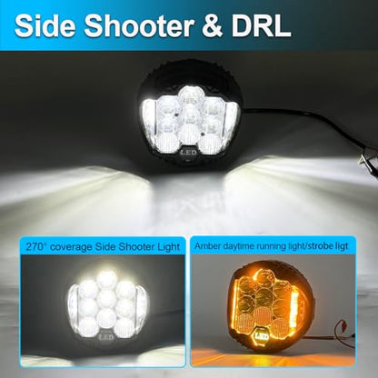 4PCS 5 Inch Round LED Offroad Light with DRL 90W LED Light Pods 270° Wide Range Super Bright White Side Shooter for Pickup Truck ATV UTV SUV (4 Count)