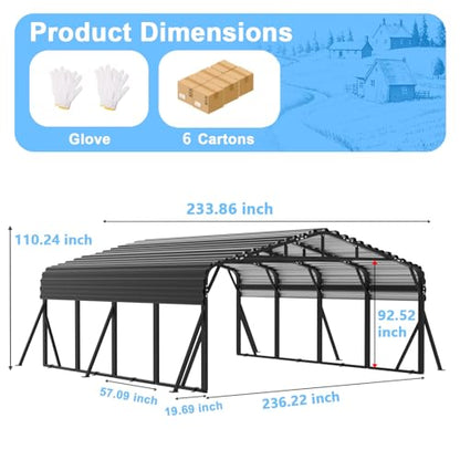 20x20 FT Metal Carport with Extra 6 Side Reinforcement Support Rods