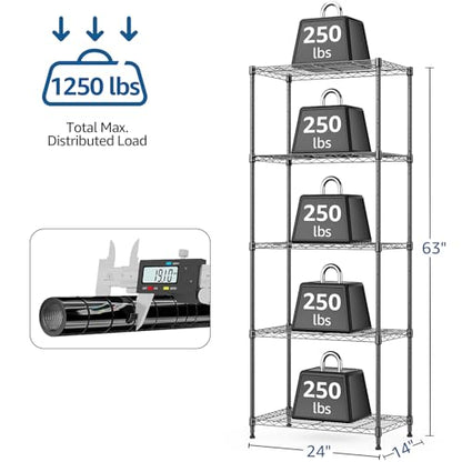 1250 lbs 5 Tier Shelf Metal Storage Shelves Wire Rack Closet Organizers with Wheel for Garage Kitchen Bathroom Laundry Black 13.7" D x 23.6" W x 62.4" H (5 Count)