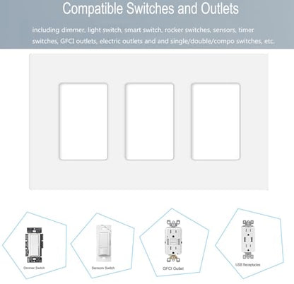 3 Gang Screwless Decorator Wall Plate Cover Switch Outlet Electrical Faceplate for Light Switche (6 Count)