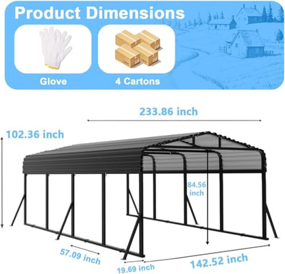 12x20 FT Metal Carport with Extra 6 Side Reinforcement Support Rods (1012 Cubic Feet)