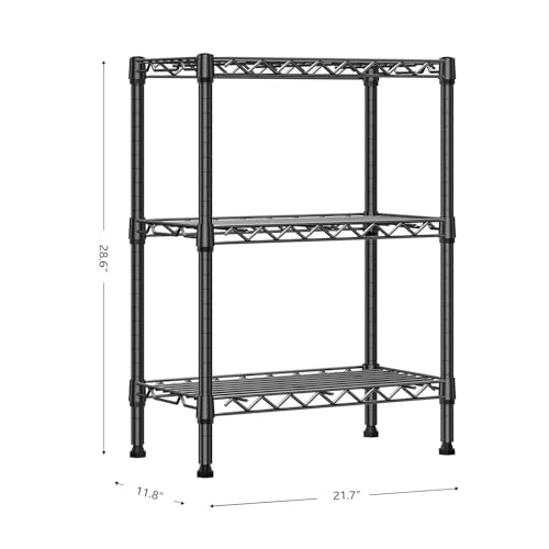 750 lbs 3 Tier Shelf Metal Storage Shelves Wire Rack Closet Organizers with PP Board for Garage Kitchen Bathroom Laundry Black 11.8" D x 21.7" W x 28.6" H (3 Count)