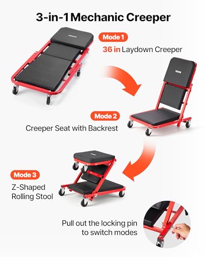 36 in 3-in-1 Folding Mechanic Creeper, Z-Creeper Garage Roller, 340 lbs Under Car Rolling Creeper with 6 Swivel Casters, Padded Headrest, Lay Down or Sit for Auto Repair