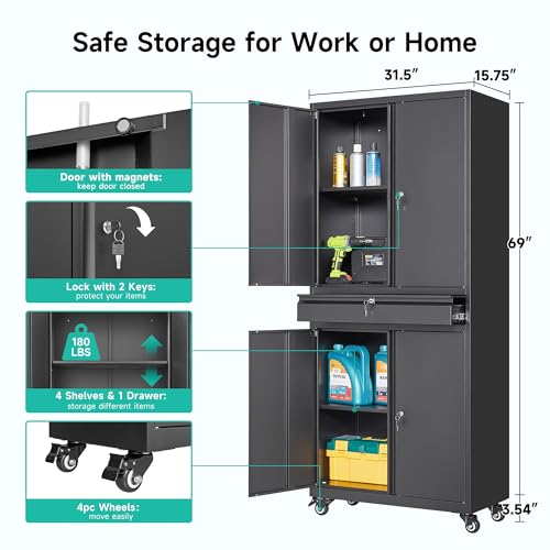 Metal Garage Storage Cabinet with Wheels and Drawer