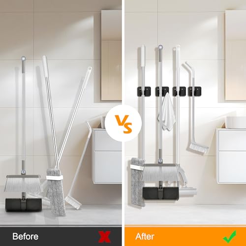 4 Pack Stainless Steel Heavy Duty Broom Holder Wall Mount with Hook (4 Count)