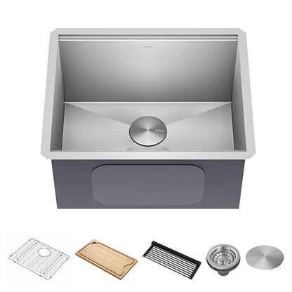 Kore 23 Inch Undermount Workstation Single Bowl 16 Gauge Deep Laundry Utility Stainless Steel Kitchen Sink with Accessories