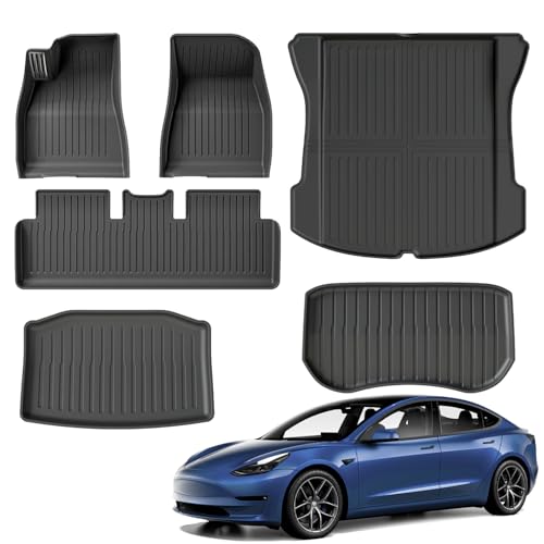 TPE Floor Mats fit for Tesla Model 3 2019 2020 2021 2022 2023 All Weather TPE Cargo Liner Cargo Trunk Accessories and Cargo Trunk Mats Front Rear Cargo Mat Full Set
