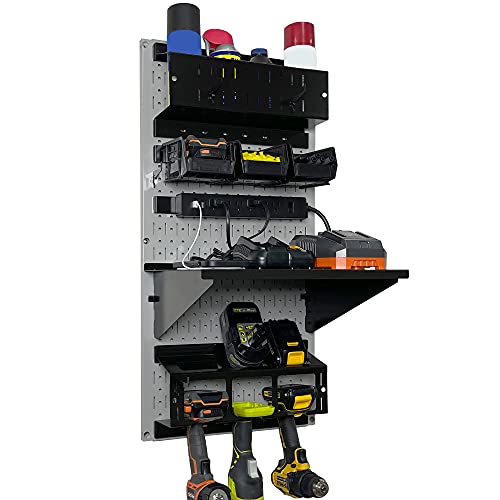 Power Tool Storage Organizer Kit Cordless Drill Holder Charging Station Rack 16” x 32” Metal Pegboard Organization System