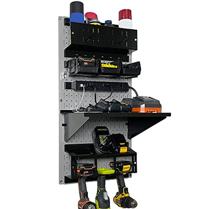Power Tool Storage Organizer Kit Cordless Drill Holder Charging Station Rack 16” x 32” Metal Pegboard Organization System