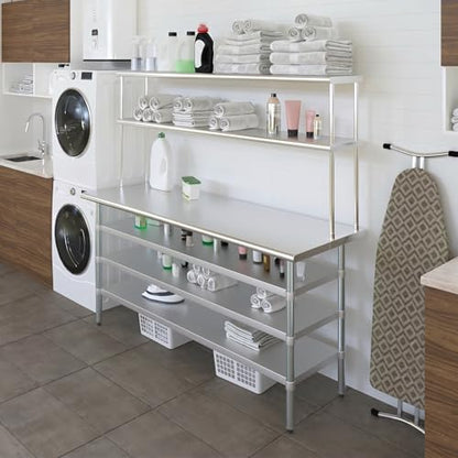 24" x 72" Stainless Steel Work Table with 3 Shelves and 12" Wide Double Tier Overshelf