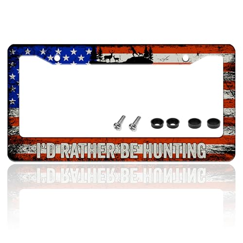 I'd Rather Be Hunting USA Flag License Plate Frame Stainless Steel 6X12 in