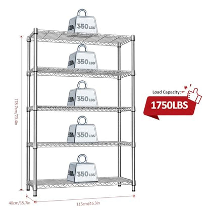 1750LBS Garage Shelving Wide Storage Shelves 5 Tier Metal Shelves Heavy Duty Adjustable Utility Shelf Rack