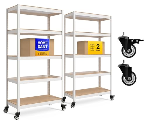 House 36.2" W 5 Tier Heavy Duty Garage Shelving Adjustable Metal Rack Storage Shelves Standing Shelf Unit Organizers Pantry Closet Office White 2Pack (2 Count)