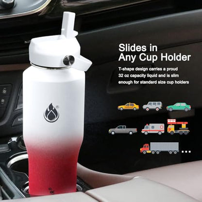32oz Water Bottle Wide Mouth Stainless Steel Vacuum Insulated Double Wall with 2 Straw Lids Fit in Any Car Cup Holder