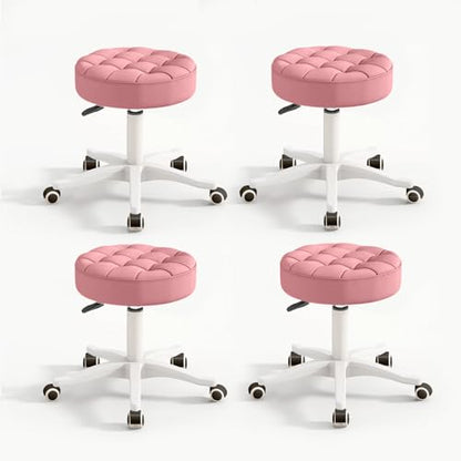 Small Chair Round Rolling Stool with Wheels PU Leather Height Adjustable Swivel Drafting Work SPA Salon Stools Home Office Chair (4 Count)