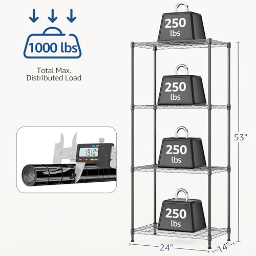 1000 lbs 4Tier Shelf Metal Storage Shelves Wire Rack Closet Organizers with Wheel for Garage Kitchen Bathroom Laundry Black 13.7" D x 23.6" W x 53.4" H (4 Count)