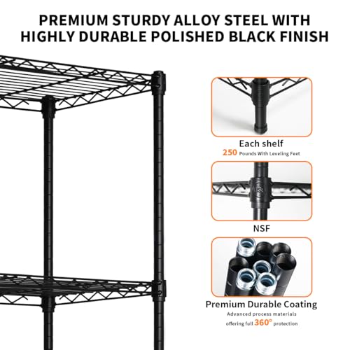Heavy Duty Black 4 Tiers Steel 36x14x54 Wire Shelving NSF Certified. Adjustable Storage Rack for Kitchen
