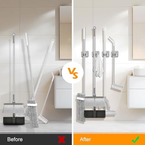 4 Pack Stainless Steel Heavy Duty Broom Holder Wall Mount with Hook (4 Count)