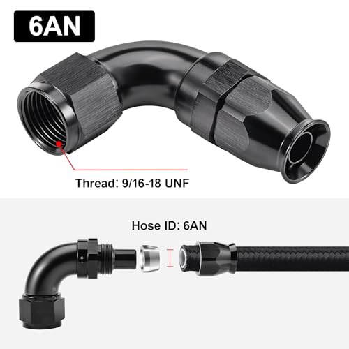 6AN 90 Degree PTFE One Piece Full Flow End Hose Fitting Aluminum Black