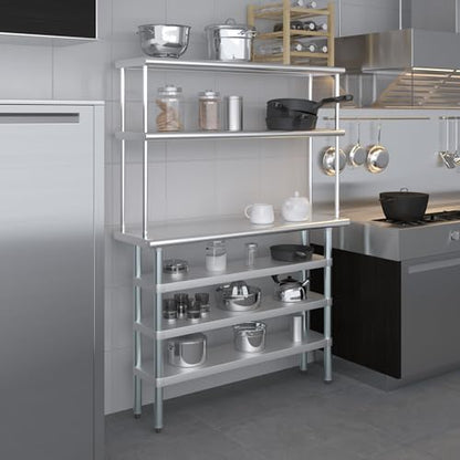 14" x 48" Stainless Steel Work Table with 3 Shelves and 12" Wide Double Tier Overshelf