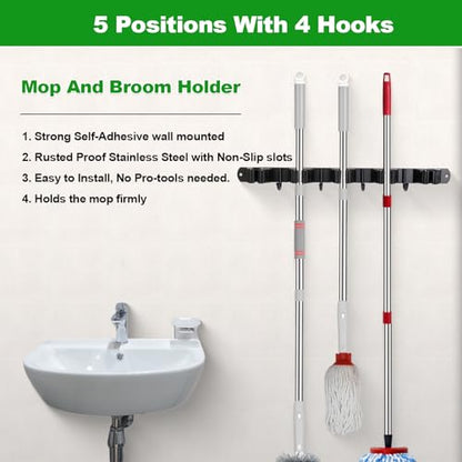 2 Pack] 5 Racks and 4 Hooks Mop and Broom Holder Wall Mount (2 Count)