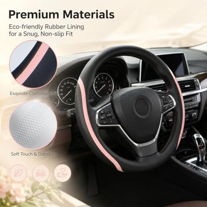 Steering Wheel Cover Black and Pink Leather Universal 14.5 (3 Count)