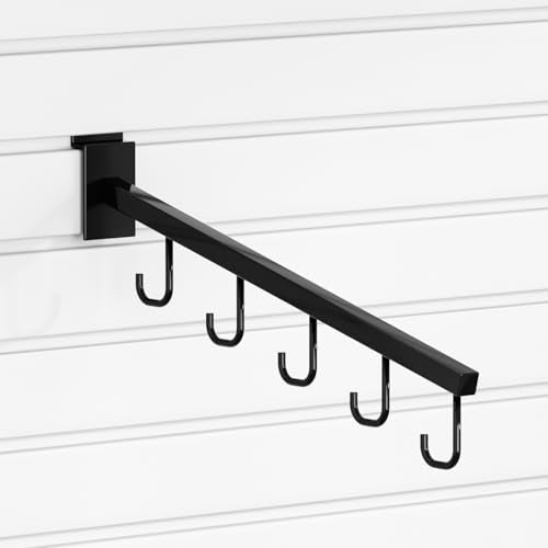 10-Pack 17-Inch Slatwall Waterfall Display Hooks with 5 J-Hooks – Black Slanted Arm Rack for Hanging Apparel, Bags & Accessories (25 Count)