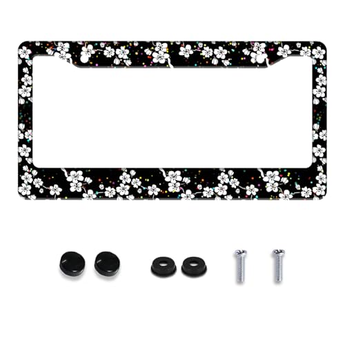 White Cherry Blossoms License Plate Frame Stainless Steel with Screws